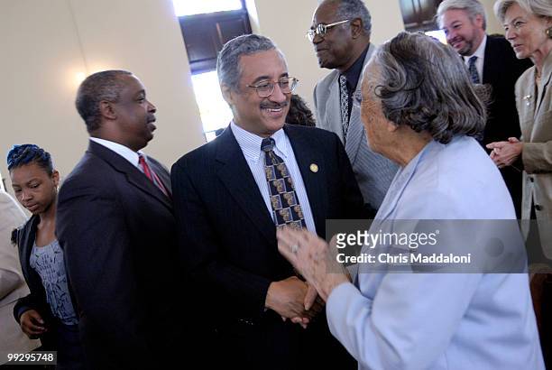 Rep. Bobby Scott, D-Va., shakes hands with Vera Allen during Sunday service at First Baptist. The Faith and Politics Institute lead a delegation to...