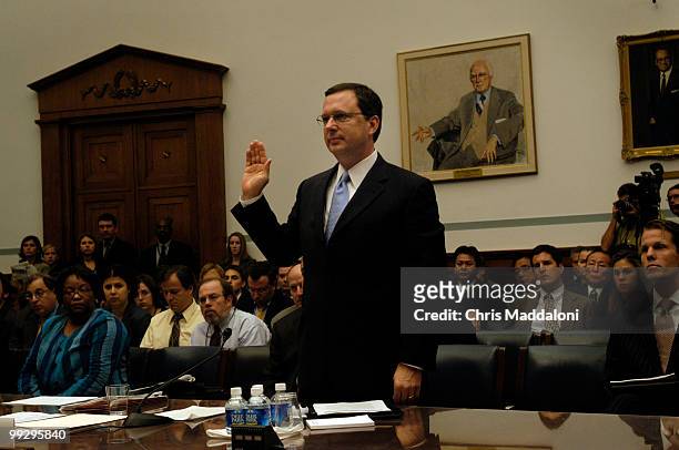 Former FEMA Director Michael Brown is sworn-in before testimony at the House Select Hurricane Katrina Investigation Committee.
