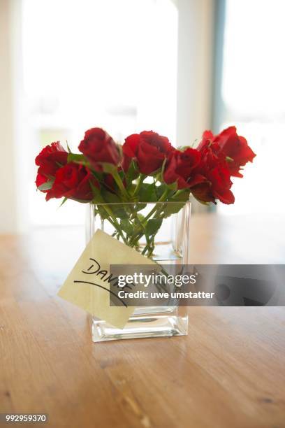 red roses in vase with the note --danke--, german for --thank you--, mannheim, baden-wuerttemberg, germany - danke 個照片及圖片檔