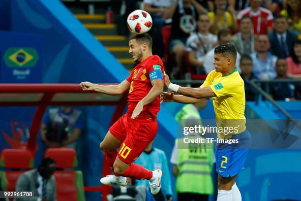 Eden Hazard of Belgium and Thiago Silva of Brazil battle for the ball during the 2018 FIFA World Cup Russia Quarter Final match between Brazil and...