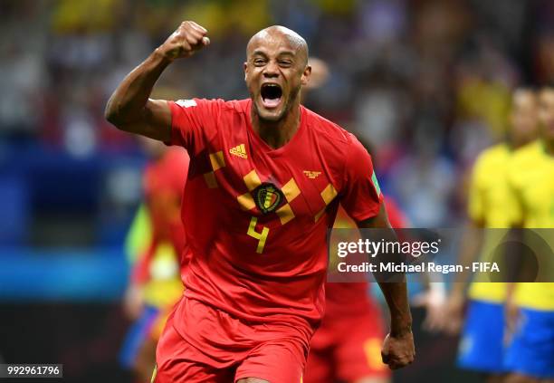 Vincent Kompany of Belgium celebrates his sides first goal, an own goal scored by Fernandinho of Brazil during the 2018 FIFA World Cup Russia Quarter...