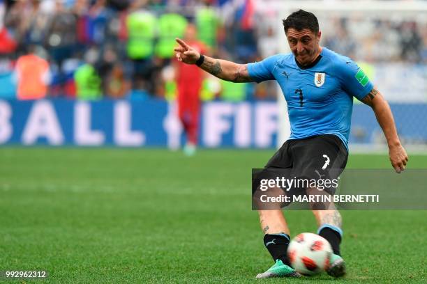 Uruguay's midfielder Cristian Rodriguez controls the ball during the Russia 2018 World Cup quarter-final football match between Uruguay and France at...