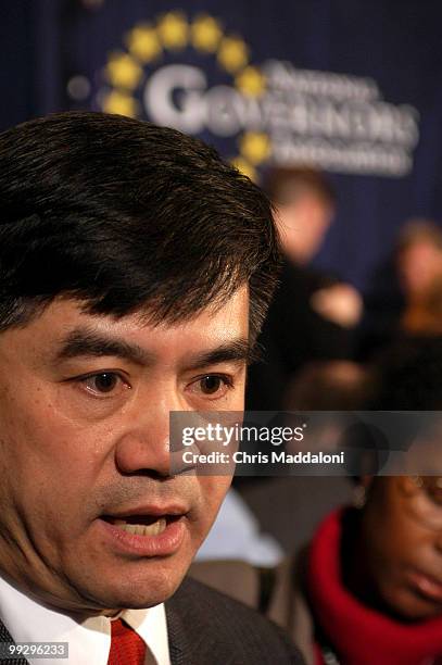 Washington Governor Gary Locke, D, talks to the media at the 2003 National Governors Association winter meeting at the J.W. Marriott in Washington,...