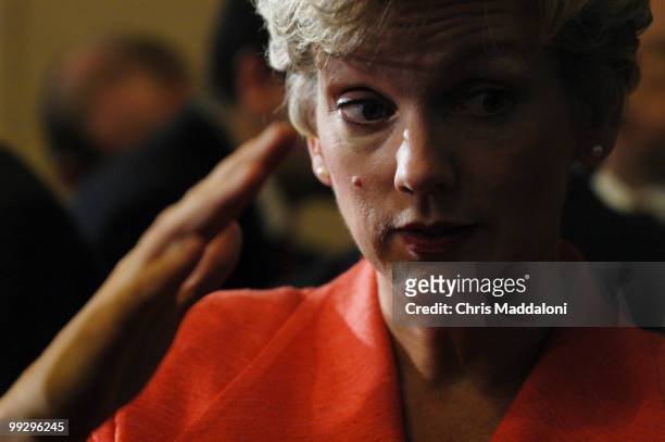 Michigan Governor Jennifer Granholm, D, talks to the media at the 2003 National Governors Association winter meeting at the J.W. Marriott in...