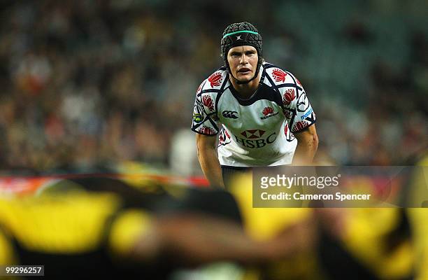Berrick Barnes of the Waratahs looks on during the round 14 Super 14 match between the Waratahs and the Hurricanes at Sydney Football Stadium on May...