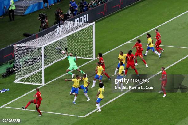 Fernandinho of Brazil scores an own goal for Belgium's first goal during the 2018 FIFA World Cup Russia Quarter Final match between Brazil and...