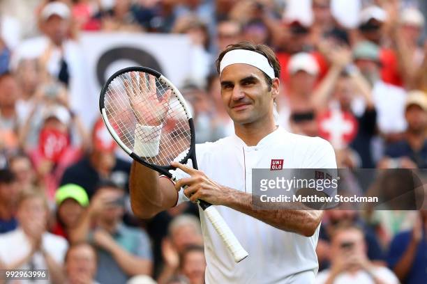 Roger Federer of Switzerland celebrates after defeating Jan-Lennard Struff of Germany in their Men's Singles third round match on day five of the...