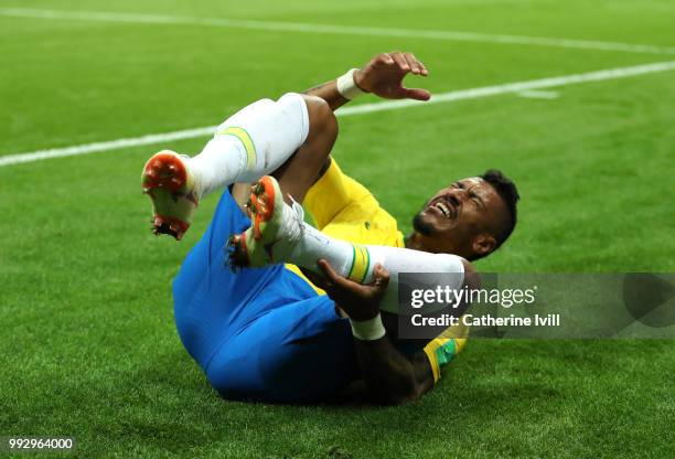 Paulinho of Brazil goes down injured during the 2018 FIFA World Cup Russia Quarter Final match between Brazil and Belgium at Kazan Arena on July 6,...