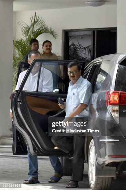 Delhi Chief Minister Arvind Kejriwal arrives at residence pf Lieutenant Governor Anil Baijal for a meeting on July 6, 2018 in New Delhi, India.