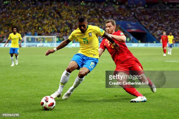 Jan Vertonghen of Belgium puts pressure on Paulinho of Brazil during the 2018 FIFA World Cup Russia Quarter Final match between Brazil and Belgium at...