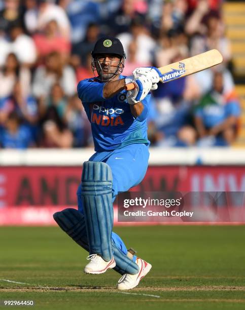 Dhoni of India bats during the 2nd Vitality International T20 match between England and India at SWALEC Stadium on July 6, 2018 in Cardiff, Wales.