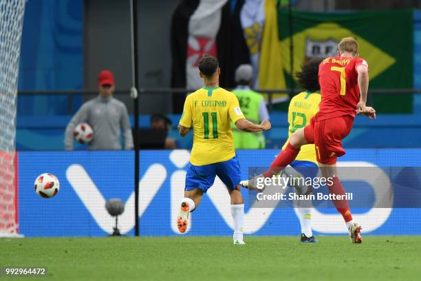 Kevin De Bruyne of Belgium scores his team's second goal during the 2018 FIFA World Cup Russia Quarter Final match between Brazil and Belgium at...