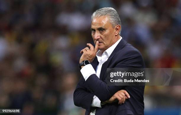 Tite, Head coach of Brazil looks on during the 2018 FIFA World Cup Russia Quarter Final match between Brazil and Belgium at Kazan Arena on July 6,...