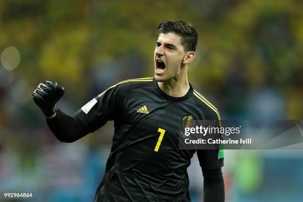 Thibaut Courtois of Belgium celebrates his team's second goal during the 2018 FIFA World Cup Russia Quarter Final match between Brazil and Belgium at...