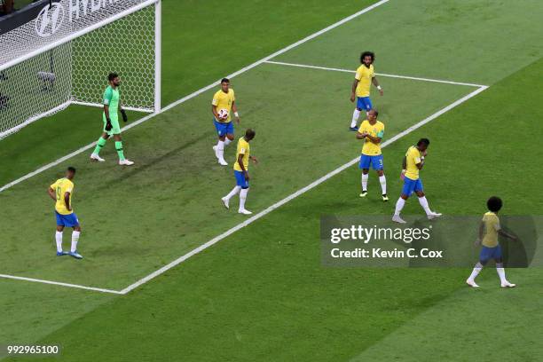 Brazil players look dejected following Belgium's first goal during the 2018 FIFA World Cup Russia Quarter Final match between Brazil and Belgium at...