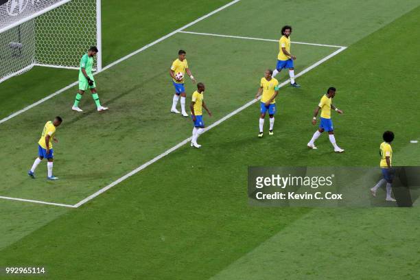 Brazil players look dejected following Belgium's first goal during the 2018 FIFA World Cup Russia Quarter Final match between Brazil and Belgium at...