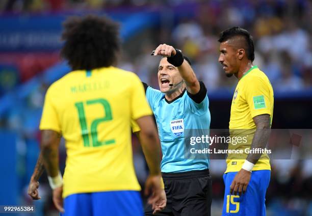 Referee Milorad Mazic gives instructions during the 2018 FIFA World Cup Russia Quarter Final match between Brazil and Belgium at Kazan Arena on July...