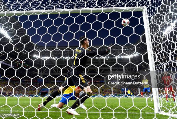 Thiago Silva of Brazil watches as his attempt at goal hits the post as Thibaut Courtois of Belgium looks on during the 2018 FIFA World Cup Russia...