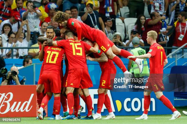 The players of Belgium celebrates after scoring during the 2018 FIFA World Cup Russia Quarter Final match between Brazil and Belgium at Kazan Arena...