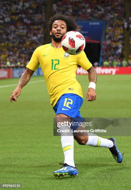 Marcelo of Brazil controls the ball during the 2018 FIFA World Cup Russia Quarter Final match between Brazil and Belgium at Kazan Arena on July 6,...