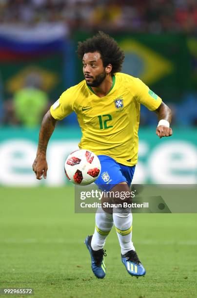 Marcelo of Brazil runs with the ball during the 2018 FIFA World Cup Russia Quarter Final match between Brazil and Belgium at Kazan Arena on July 6,...