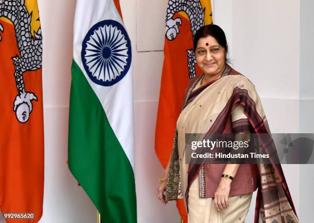 External Affairs Minister Sushma Swaraj arrives to attend the delegation level meeting with Prime Minister Narendra Modi and his Bhutanese...