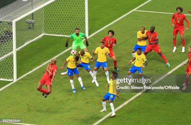 Brazil goalkeeper Alisson Becker can only watch as the ball is deflected past him by Fernandinho of Brazil who scores an own goal during the 2018...