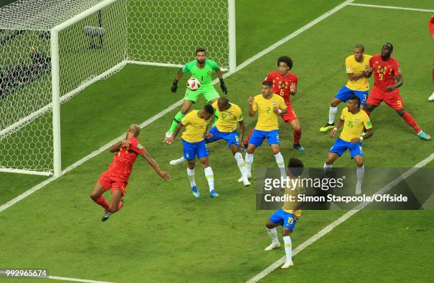 Brazil goalkeeper Alisson Becker can only watch as the ball is deflected past him by Fernandinho of Brazil who scores an own goal during the 2018...