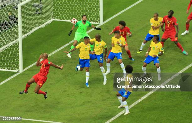 Brazil goalkeeper Alisson Becker can only watch as the ball is deflected past him by Fernandinho of Brazil who scores an own goal during the 2018...