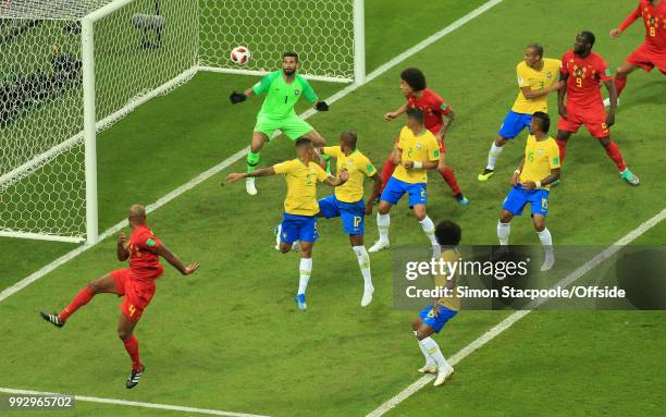 Brazil goalkeeper Alisson Becker can only watch as the ball is deflected past him by Fernandinho of Brazil who scores an own goal during the 2018...