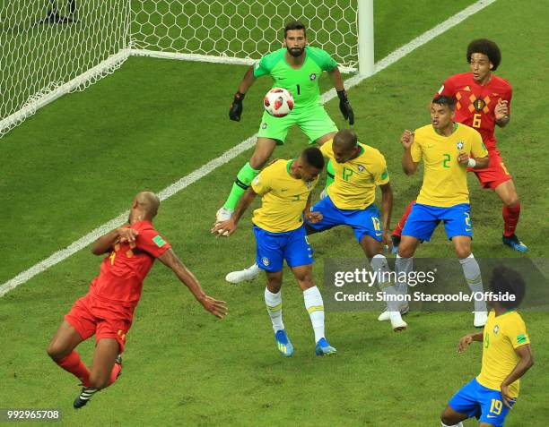 Brazil goalkeeper Alisson Becker can only watch as the ball is deflected past him by Fernandinho of Brazil who scores an own goal during the 2018...