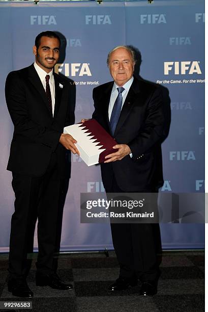 His Excellency Sheikh Mohammed bin Hamad Al Thani, Chairman of Qatar 2022 Bid Committee prestents Sepp Blatter, FIFA President with the Qatar Bid...