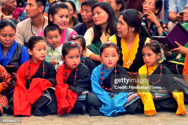 Tibetans living-in-exile in India take part in celebration of Tibetan spiritual leader, Dalai Lamas 83rd birthday at the Tibetans' main temple of...