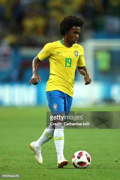 Willian of Brazil controls the ball during the 2018 FIFA World Cup Russia Quarter Final match between Brazil and Belgium at Kazan Arena on July 6,...