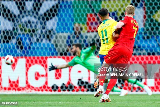 Belgium's midfielder Kevin De Bruyne scores his team's second goal during the Russia 2018 World Cup quarter-final football match between Brazil and...