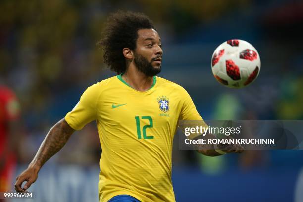 Brazil's defender Marcelo controls the ball during the Russia 2018 World Cup quarter-final football match between Brazil and Belgium at the Kazan...