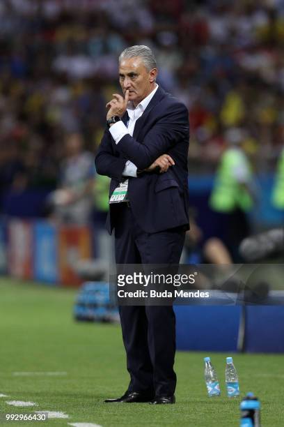 Tite, Head coach of Brazil looks on during the 2018 FIFA World Cup Russia Quarter Final match between Brazil and Belgium at Kazan Arena on July 6,...