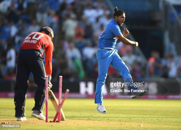 England batsman Jason Roy is bowled by India bowler Umesh Yadav during the 2nd Vitality T20 International between England and India at Sophia Gardens...