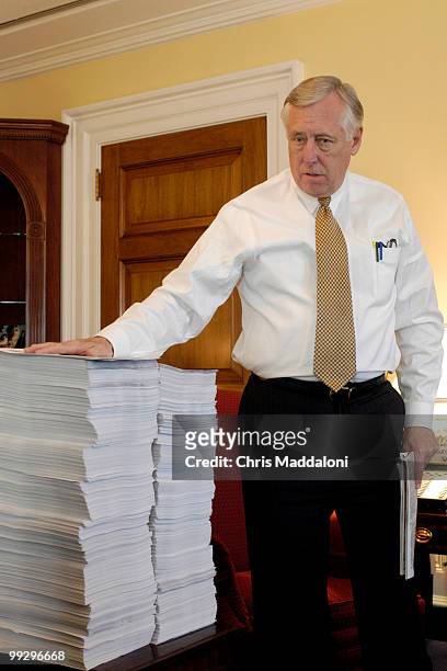 House Minority Whip Steny Hoyer, D-Md., with 200,000 petitions against privatization of Social Security at a pen and pad briefing with reporters in...