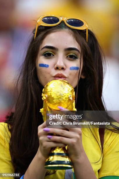 Brazil fan enjoys the atmosphere in the ground before the 2018 FIFA World Cup Russia Quarter Final match between Brazil and Belgium at Kazan Arena on...