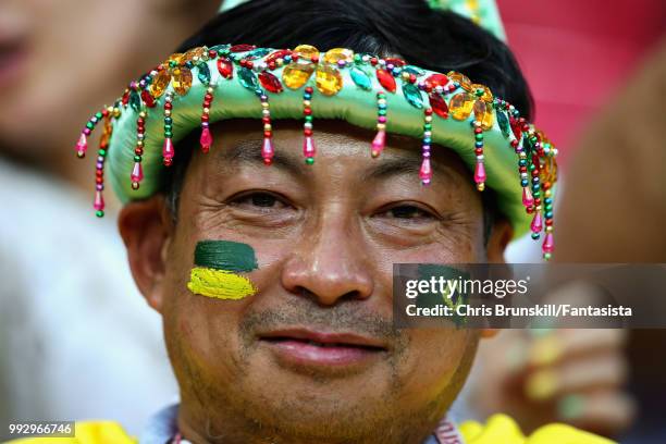 Brazil fan enjoys the atmosphere in the ground before the 2018 FIFA World Cup Russia Quarter Final match between Brazil and Belgium at Kazan Arena on...