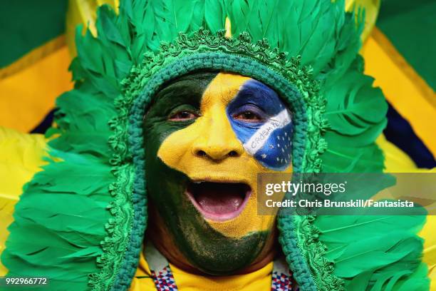 Brazil fan enjoys the atmosphere in the ground before the 2018 FIFA World Cup Russia Quarter Final match between Brazil and Belgium at Kazan Arena on...