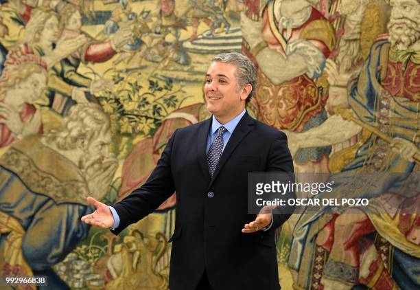Colombian president-elect Ivan Duque waits to meet the Spanish king at La Zarzuela palace in Madrid on July 06, 2018.