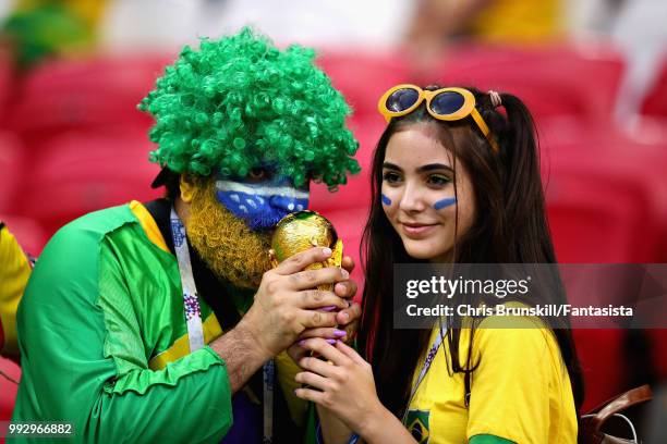 Brazil fans enjoy the atmosphere in the ground before the 2018 FIFA World Cup Russia Quarter Final match between Brazil and Belgium at Kazan Arena on...