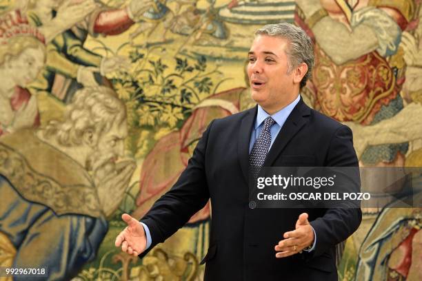 Colombian president-elect Ivan Duque waits to meet the Spanish king at La Zarzuela palace in Madrid on July 06, 2018.