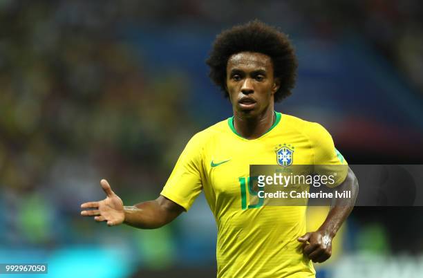 Willian of Brazil looks on during the 2018 FIFA World Cup Russia Quarter Final match between Brazil and Belgium at Kazan Arena on July 6, 2018 in...
