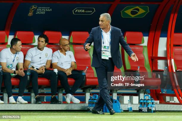 Coach Tite of Brazil gestures during the 2018 FIFA World Cup Russia Quarter Final match between Brazil and Belgium at Kazan Arena on July 6, 2018 in...