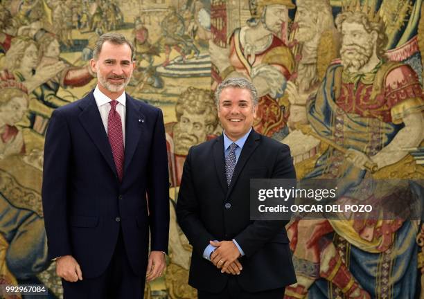 Colombian president-elect Ivan Duque meets Spanish King Felipe VI at La Zarzuela palace in Madrid on July 06, 2018.