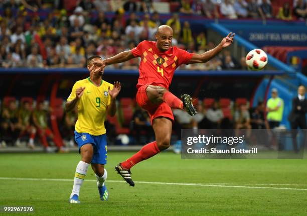 Vincent Kompany of Belgium controls the ball during the 2018 FIFA World Cup Russia Quarter Final match between Brazil and Belgium at Kazan Arena on...