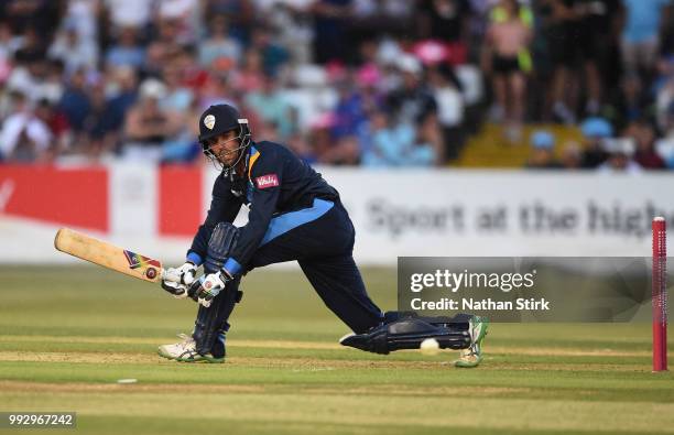 Calum MacLeod of Derbyshire batting during the Vitality Blast match between Derbyshire Falcons and Lancashire Lightning at The 3aaa County Ground on...